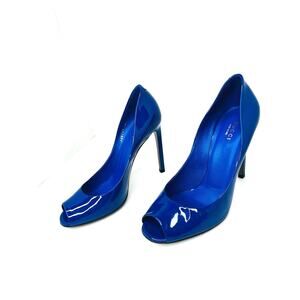 Gucci Vernice Crystal Peep Toe Pumps Ink Blue Patent Heels Size EU 38.5